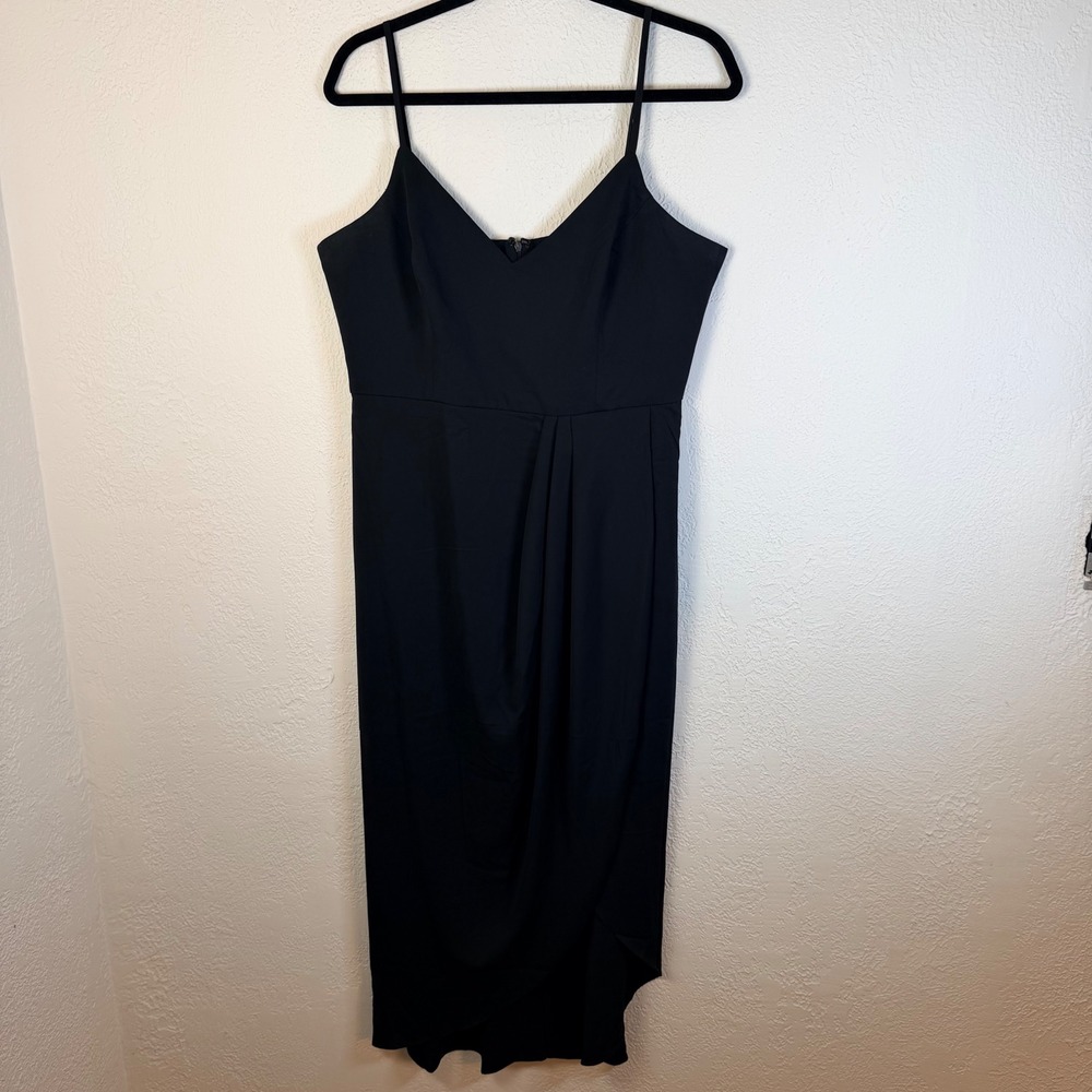 Lulus Womens XL Black V-Neck Tulip Hem Midi Dress Wedding Guest Party Minimalist